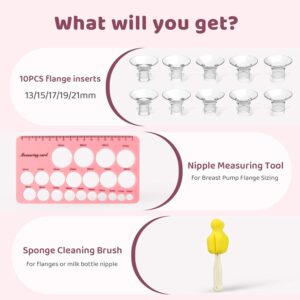 Flange Sizing Kit 3 in 1 Ultimate with 10PCS Flange Inserts 13/15/17/19/21mm&Nipple Ruler&Cleaning Brush, Flange Insert Kit for 24mm Most Pumps, Compatible with Momcozy/Spectra/Medela